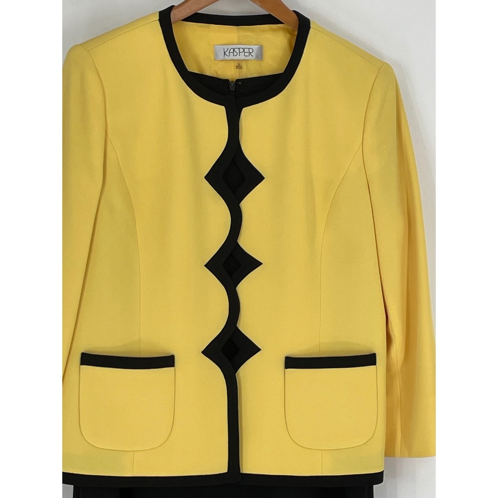 Kasper Women Size 12 Two Piece Dress Suit Yellow Black Diamond Cutout Career - Picture 2 of 16